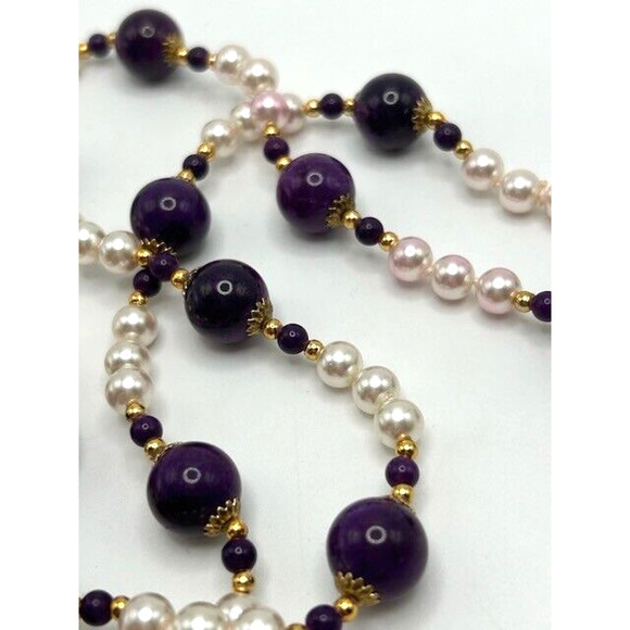 Amethyst? Purple Beaded Faux Pearl Necklace Gold Tone 30" Long - Picture 3 of 8